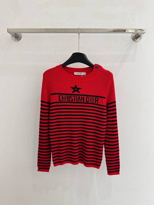 Dior Red Star Embroidered Knitwear with Diagonal Buttons CD Logo