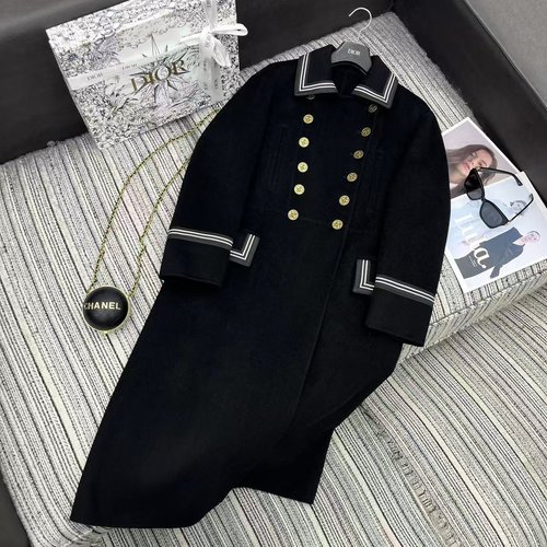 Dior Double-Sided Wool Long Coat with Bee Metal Double Buttons