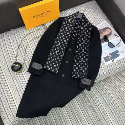 Louis Vuitton Classic Double-sided Woolen V-neck Long Coat with Lambskin Cuffs