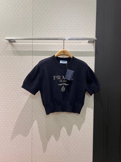 Prada Embroidered Logo Short Knit Wool Top