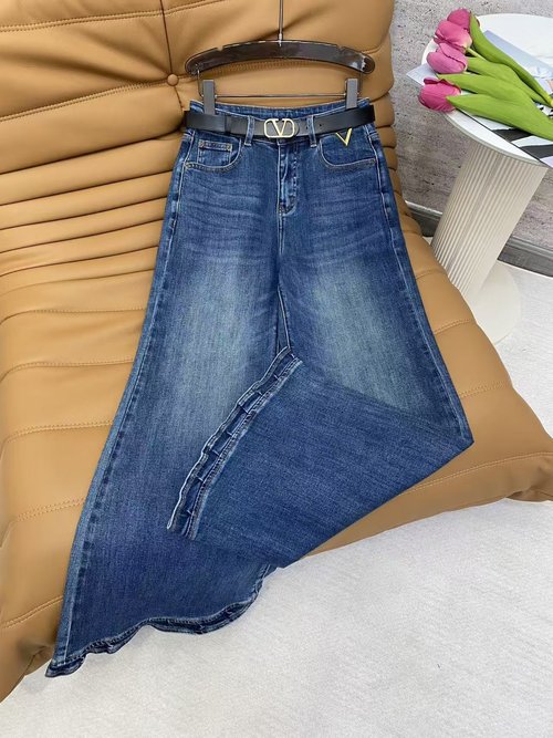 Valentino Vintage-washed Jeans with Metal Belt and Slit Detail