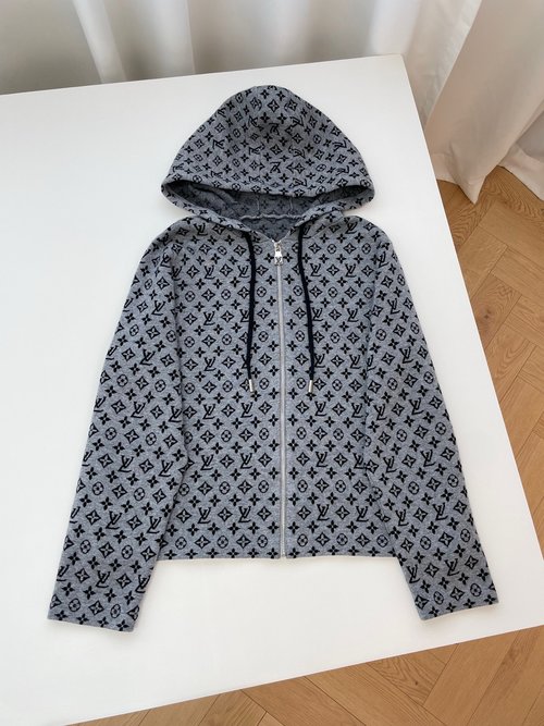 Louis Vuitton Luxury Vintage All-over Floral Print Gray Knit Cardigan with Hood