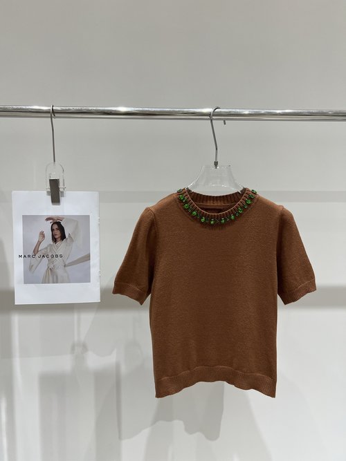 Prada Short-Sleeve Knit with Rhinestone Embroidered Collar in New Style