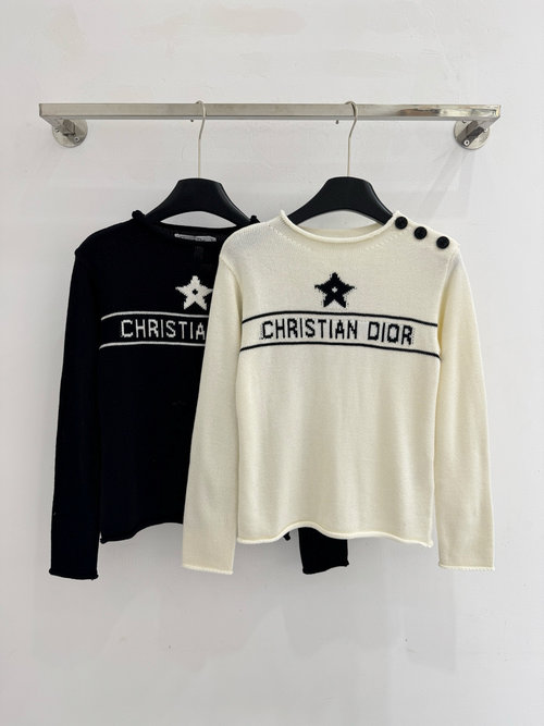 Dior Round Neck Knit Top with Diagonal Button Stripe Jacquard