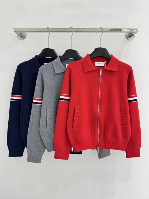 Thom Browne POLO Collar Knit Cardigan with Dual-Zip Stripe Design