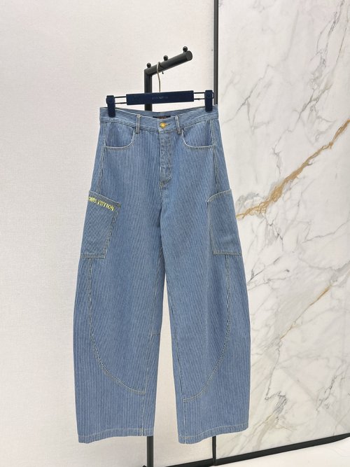 Louis Vuitton Stripe Denim Wide-Leg Trousers, High-Waist Design