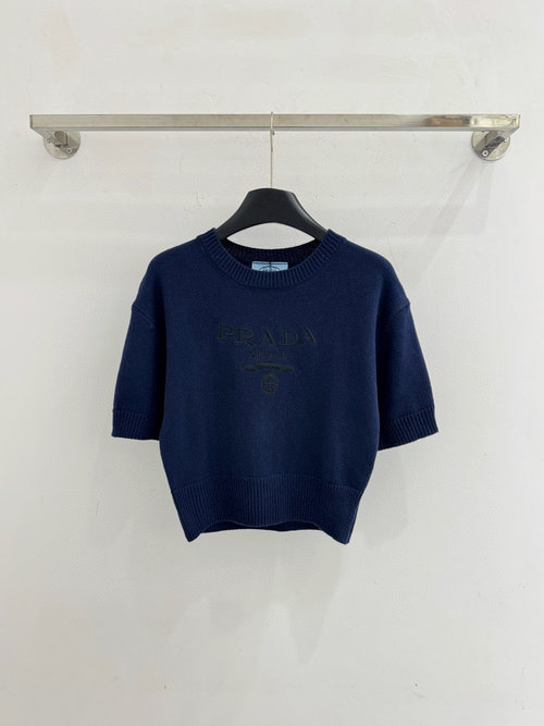 Prada Short-Sleeve Knit Sweater with Letter Embroidery