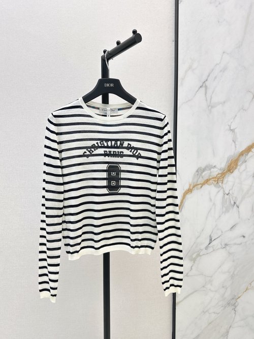 Dior Navy Stripe Knit Top with Printed Logo
