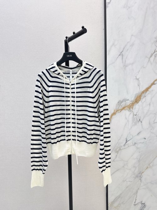 Dior Navy Stripe Knit Hooded Cardigan with Printed Logo