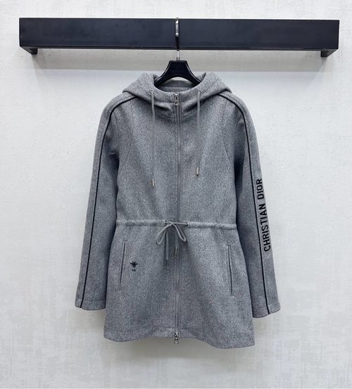 Dior Hooded Drawstring Mid-Length Coat with Embroidered Logo