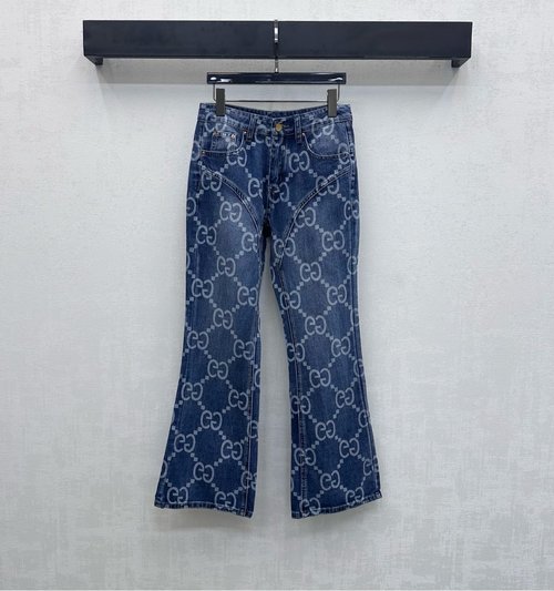Gucci Printed Denim Flare Pants with Double G Logo