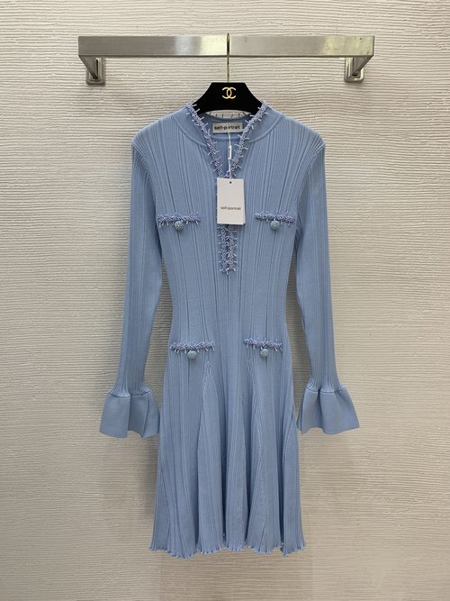 Prada Customized Heavy-beaded Semi-open Collared Knit Dress with Flared Sleeves