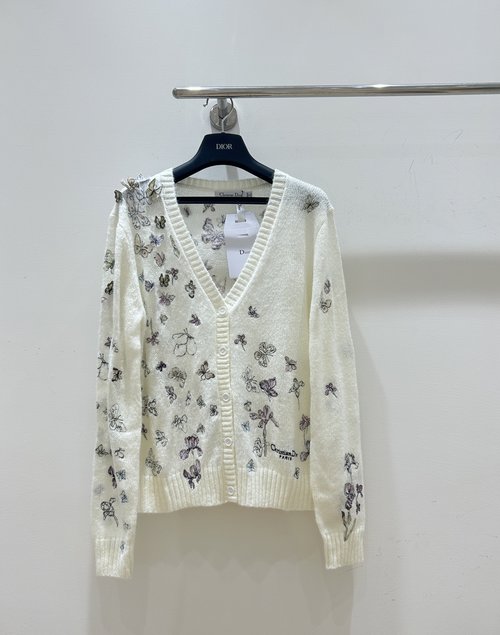Dior V-Neck Knit Cardigan with 3D Butterfly Embroidery, Stylish and Warm