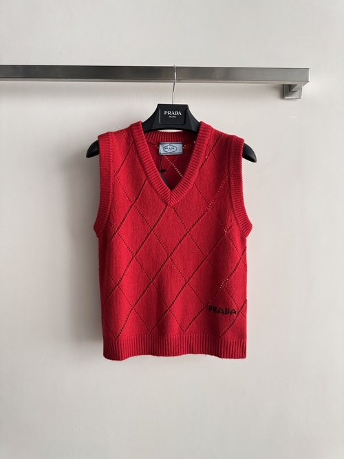 Prada V-Neck Checked Knit Vest with Logo Print for Versatile Use