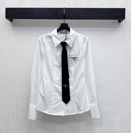 Prada Buttoned Collar Shirt with Tie and Logo for Professional Elegance