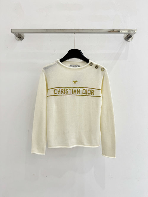 Dior Elegant Round Neck Sweater with Gold Jacquard and Buttons