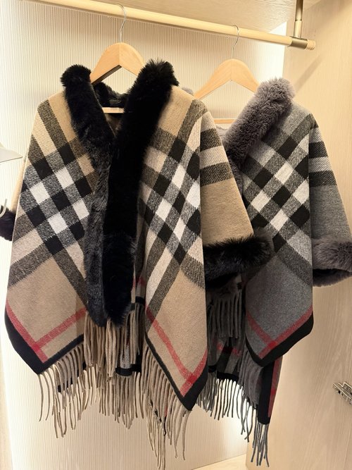 Burberry Faux Rabbit Fur Classic Checked Fringed Shawl