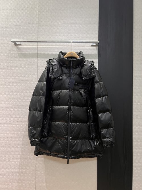 Prada Removable-Hood Down Jacket with Logo Decoration