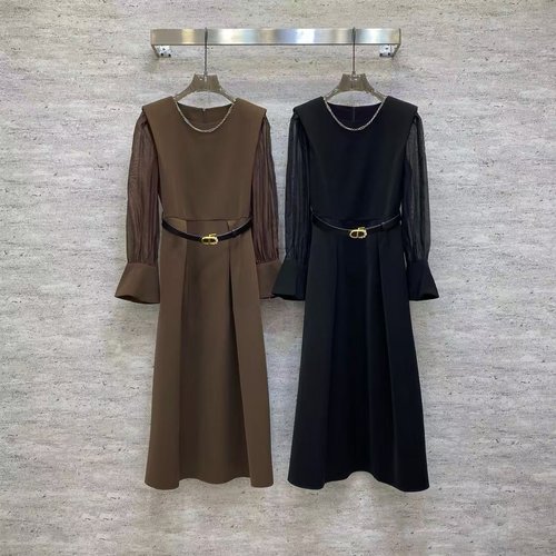 Dior Sophisticated Woven Dress with Mesh Sleeves and Waist Belt