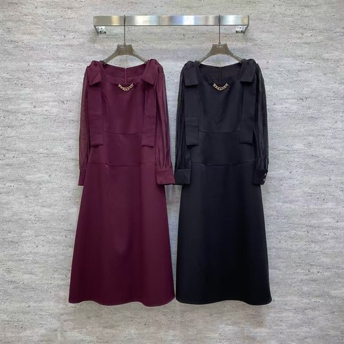 Valentino Elegant Acetate Dress with Mesh Sleeves and Metal Chain Accent