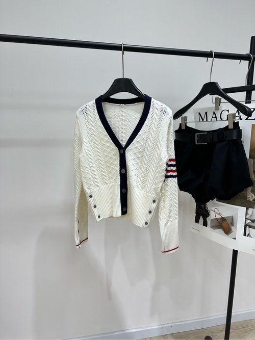 Thom Browne Classic V-Neck Wool Cardigan, Academic Style