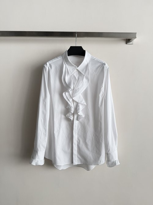 Loro Piana Classic Collar Long-Sleeve Shirt with Ruffled Front