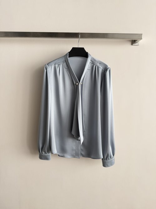 Loro Piana Acetate Blend V-Neck Shirt with Ribbon, Elegant & Versatile