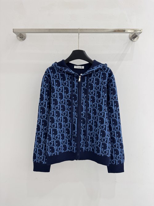 Dior Hooded Zip Knit Cardigan with All-Over老花Pattern