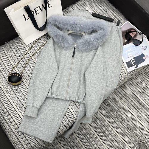 Loewe Cozy Furry Hooded Cardigan with Matching Sweatpants Ensemble