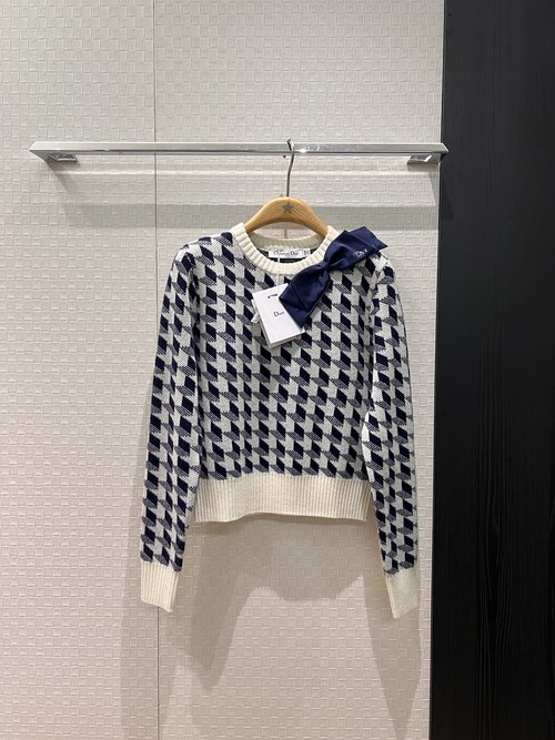 Dior Checkered Wool Sweater with Bow, Versatile Retro Design