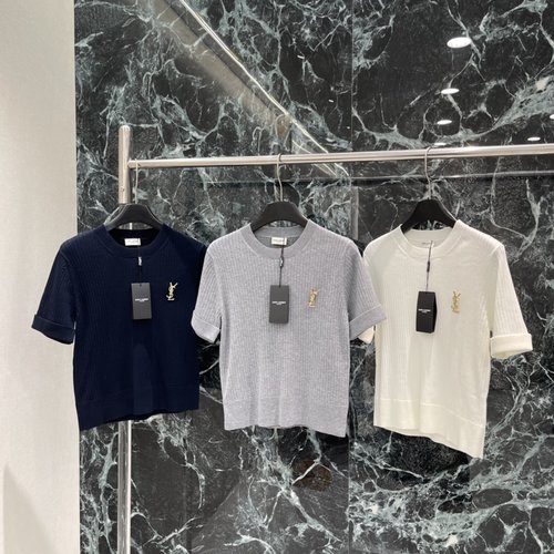 Yves Saint Laurent Round Neck Knit Short Sleeve with Vertical Stripes and Golden YSL Logo