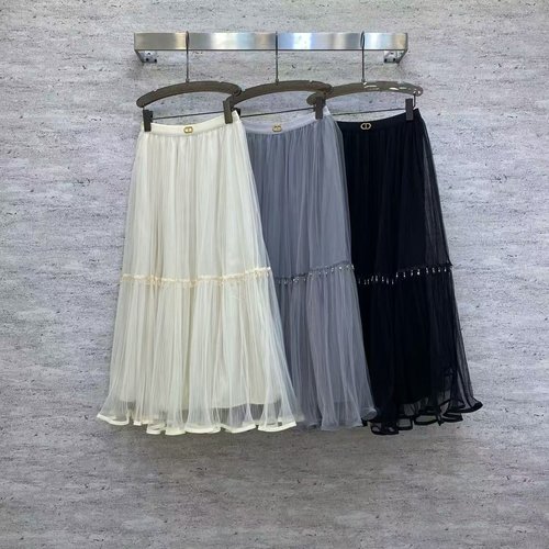 Dior Charming Mesh Half Skirt with Bead Chain and Pleated Hem, Three Color Options