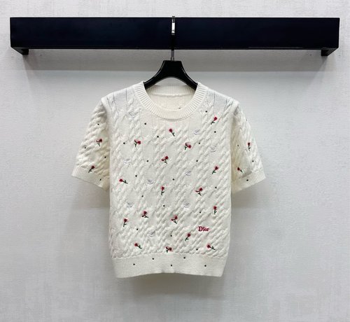 Dior Rose Decoration Round-Neck Embroidered Knit Top, Fashionable Wear