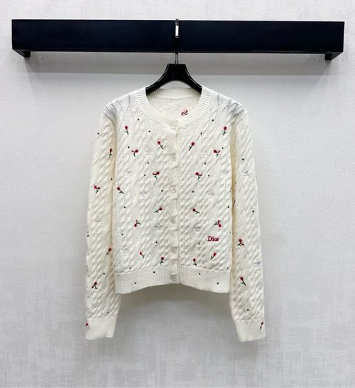 Dior Custom Imported Wool Knit Cardigan with Embroidered Rose Decoration