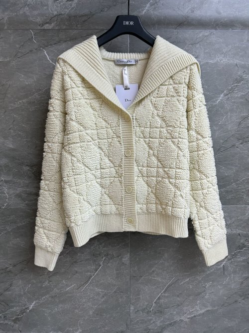 Dior Navy-style Shawl-collared Tweed Knit Cardigan