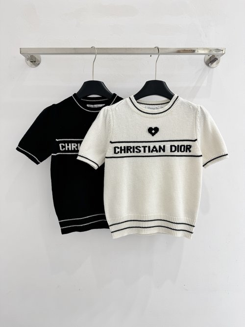 Dior Timeless Round - Neck Sweater with Heart Logo and Black Trim