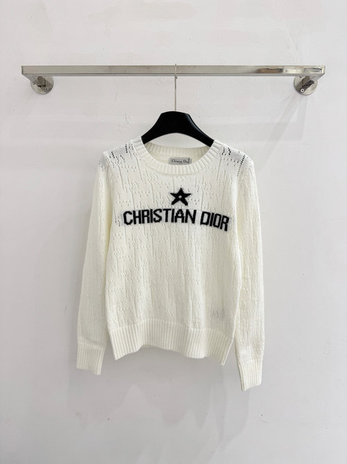 Dior White Knit Sweater with Star and Letter Embroidery