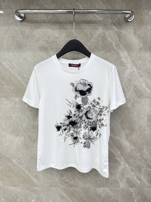 Max Mara High-end Printed Beaded T-shirt with Signature Emblem