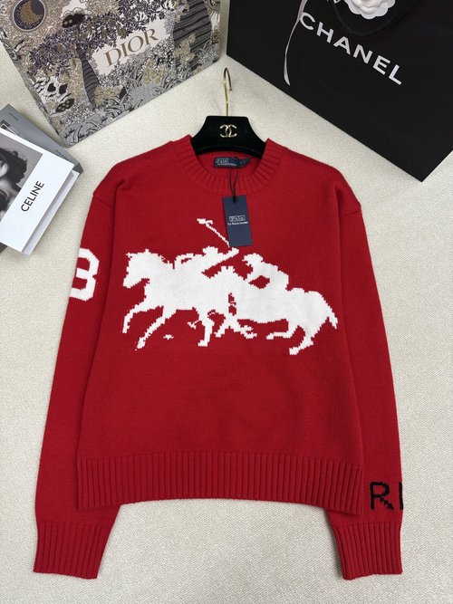 Polo Ralph Lauren Classic Horse Logo Knitted Round Neck Pullover, Color Block Design, Timeless Elegance