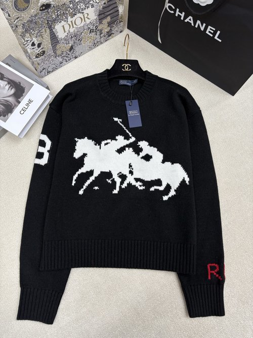 Polo Ralph Lauren Classic Horse Logo Knitted Round Neck Pullover, Color Block Design, Timeless Elegance