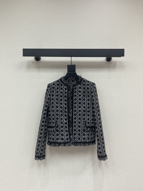 Dior Round Neck Small Coat with Tartan Pattern and Fringe