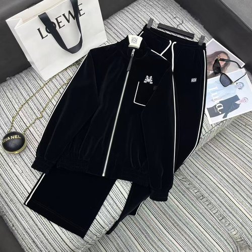 Loewe Velvet Collared Jacket and Wide-leg Pants Set with Embroidered Emblem