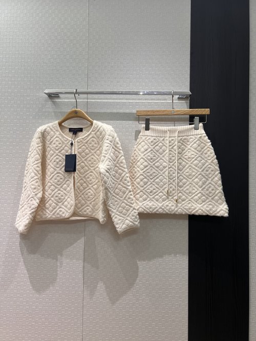 Louis Vuitton Lattice Pattern Knit Round Neck Cardigan with Matching A-line Skirt