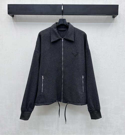 Prada Lapel Wool Blend Jacket with Zipper Details and Drawstring Hem