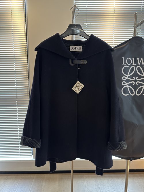 Loewe Elegant Small A-Style Cashmere Coat with Minimal Leather Buttons