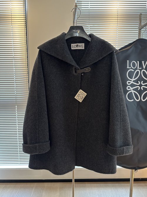 Loewe Elegant Small A-Style Cashmere Coat with Minimal Leather Buttons