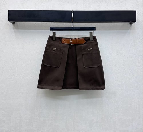 Louis Vuitton Imported Cotton Belted Pleated Skirt, Maillard Western Style