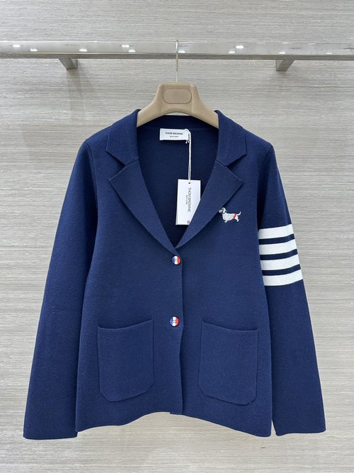 Thom Browne Timeless Stripe Knit Jacket: Puppy Embroidery Detail