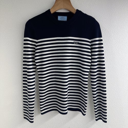 Prada Color-Blocked Stripe Logo Embroidery Round Neck Knitted Top