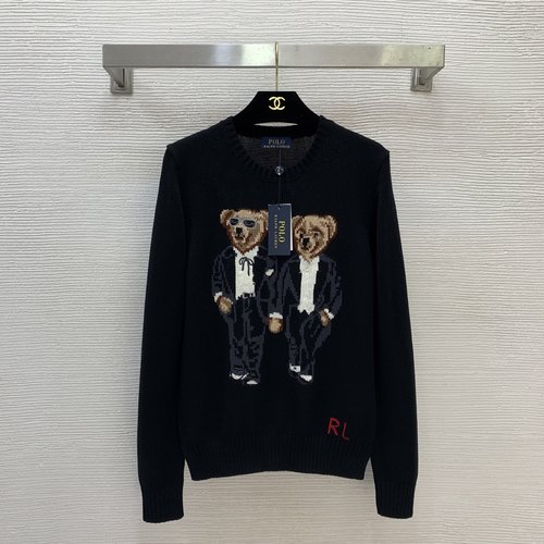 Polo Ralph Lauren Double Bear Pattern Logo Black Round Neck Sweater